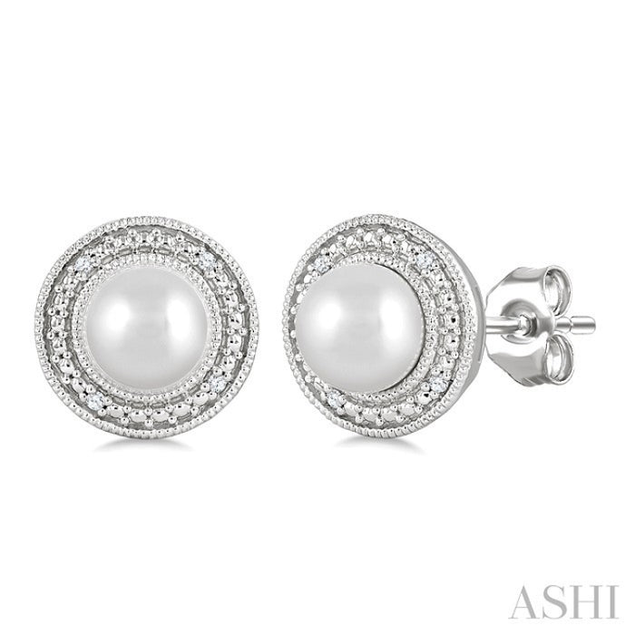 6MM Cultured Pearl and 1/50 Ctw Round Cut Diamond Halo Earrings in Sterling Silver