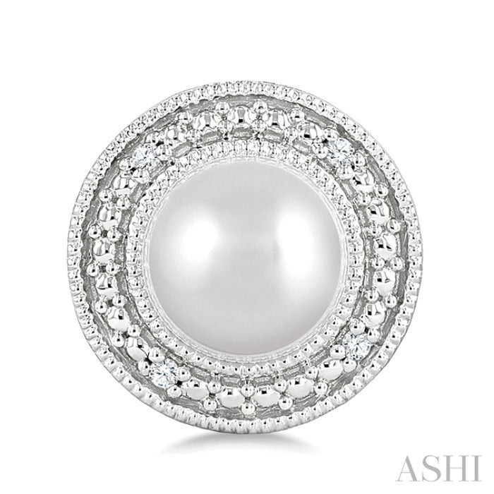 6MM Cultured Pearl and 1/50 Ctw Round Cut Diamond Halo Earrings in Sterling Silver