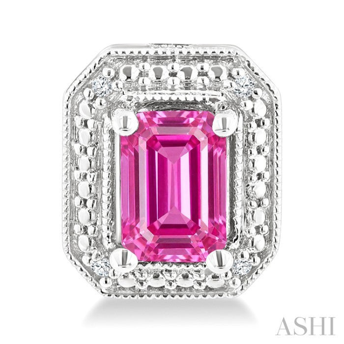 6X4 MM Octagon Shape Lab-Created Pink Sapphire and 1/50 Ctw Round Cut Diamond Precious Earrings in Sterling Silver