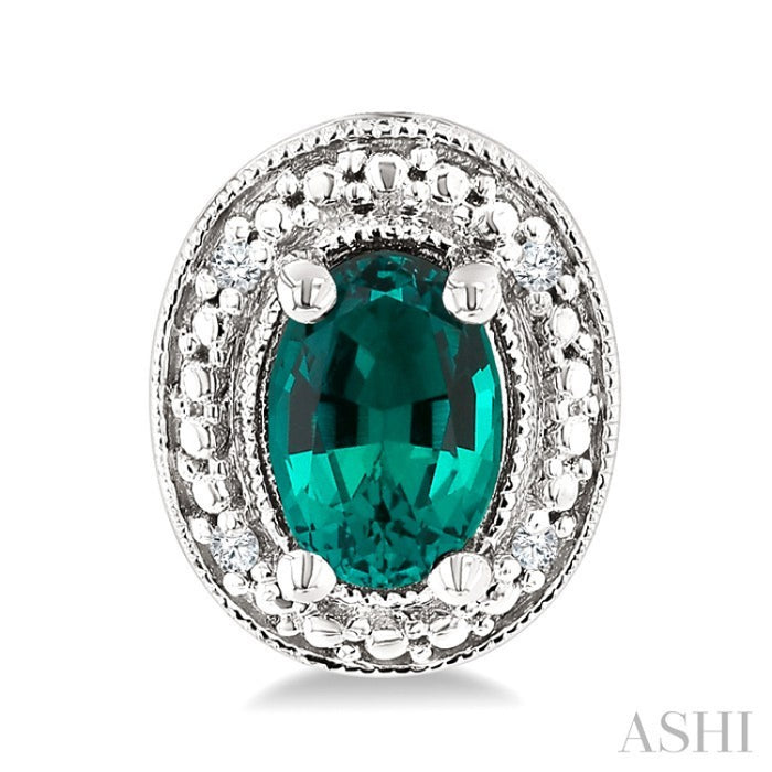 6X4 MM Oval Shape Lab-Created Emerald and 1/50 Ctw Round Cut Diamond Precious Earrings in Sterling Silver