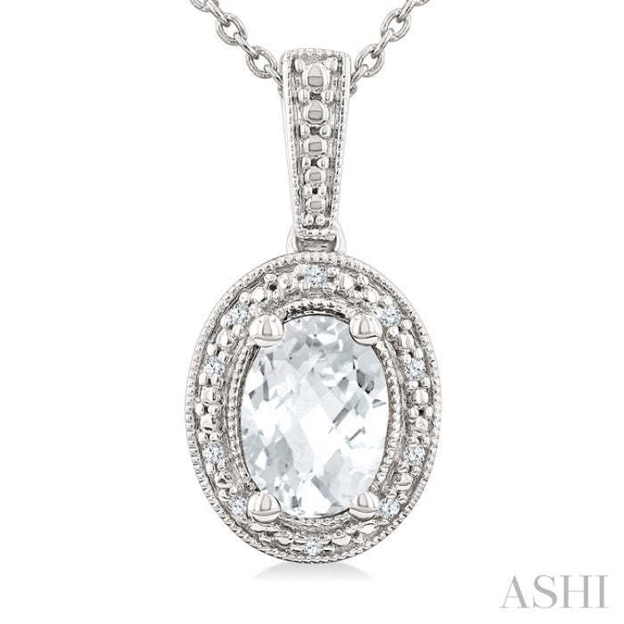 6X4 MM Oval Shape White Topaz and 1/50 Ctw Round Cut Diamond Semi-Precious Pendant With Chain in Sterling Silver