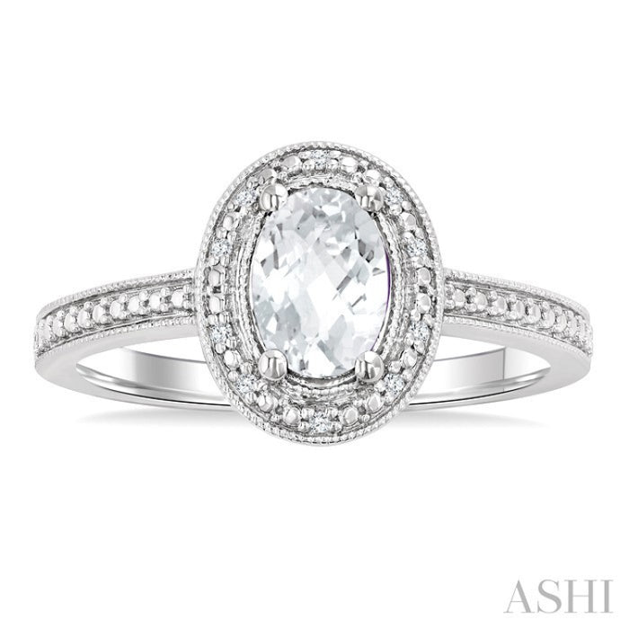 6X4 MM Oval Shape White Topaz and 1/50 Ctw Round Cut Diamond Semi-Precious Ring in Sterling Silver