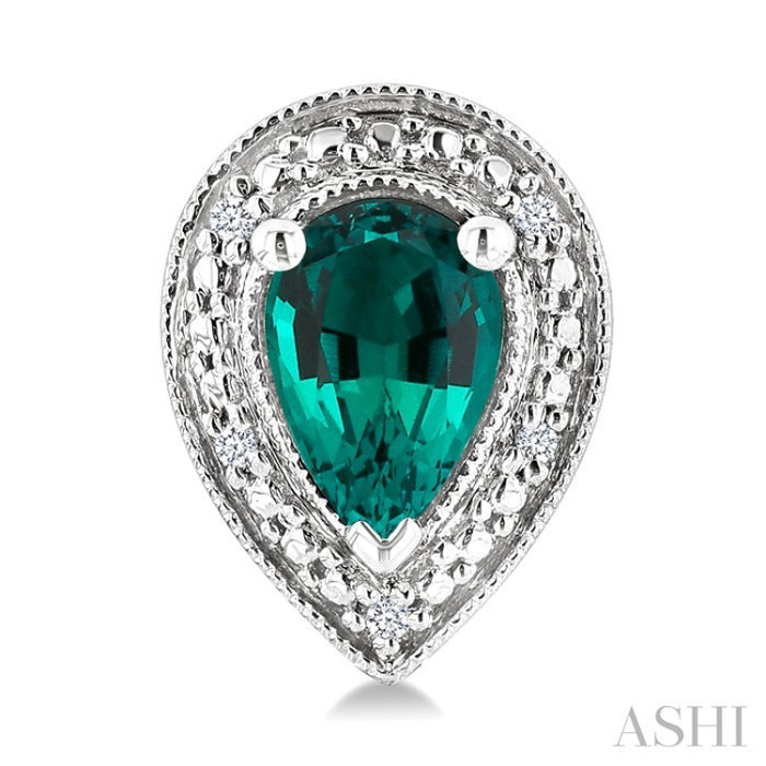 6X4 MM Pear Shape Lab-Created Emerald and 1/50 Ctw Round Cut Diamond Precious Earrings in Sterling Silver