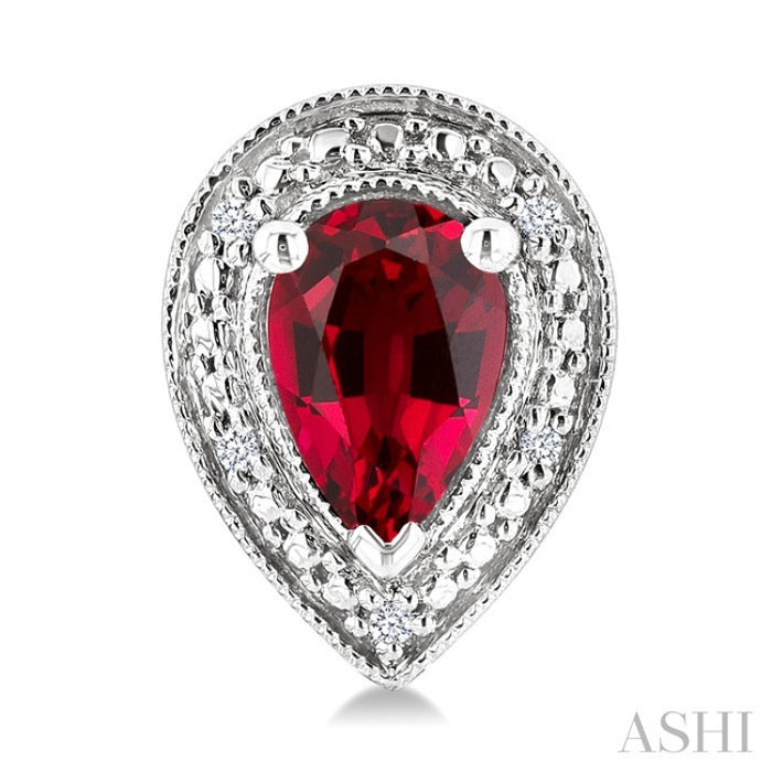 6X4 MM Pear Shape Lab-Created Ruby and 1/50 Ctw Round Cut Diamond Precious Earrings in Sterling Silver