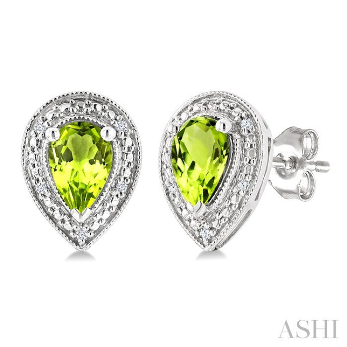 6X4 MM Pear Shape Peridot and 1/50 Ctw Round Cut Diamond Semi-Precious Earrings in Sterling Silver