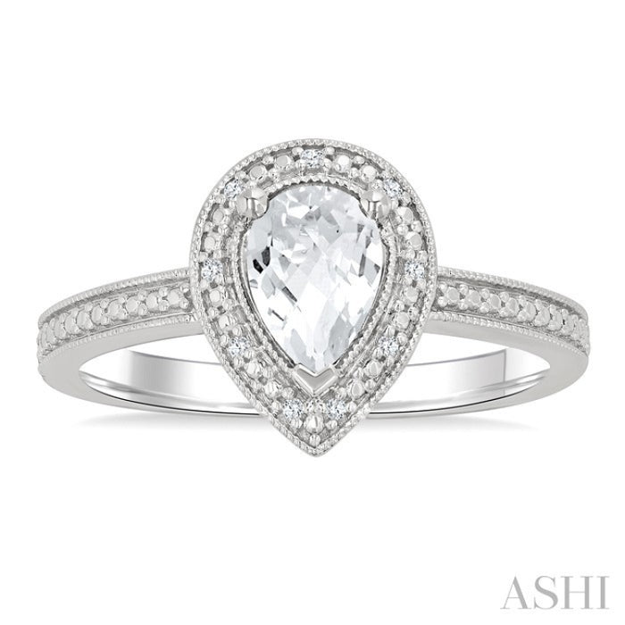 6X4 MM Pear Shape White Topaz and 1/50 Ctw Round Cut Diamond Semi-Precious Ring in Sterling Silver