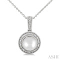 7MM Cultured Pearl and 1/50 Ctw Round Cut Diamond Halo Pendant With Chain in Sterling Silver