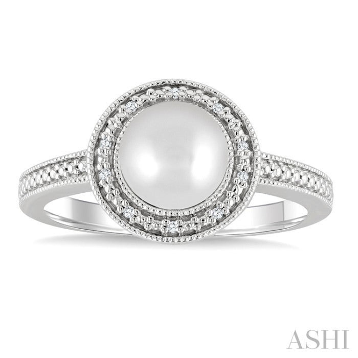 7MM Cultured Pearl and 1/50 Ctw Round Cut Diamond Halo Ring in Sterling Silver