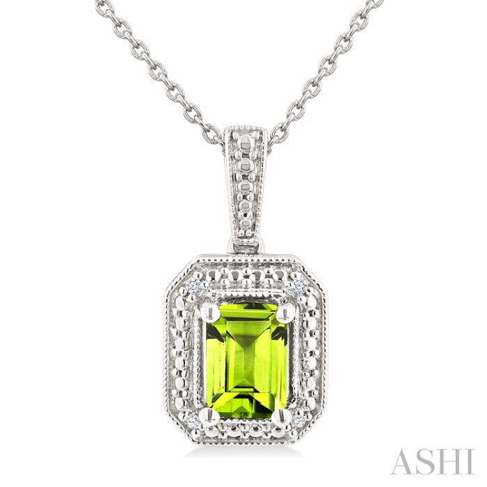 7X5 MM Octagon Shape Peridot and 1/50 Ctw Round Cut Diamond Semi-Precious Pendant With Chain in Sterling Silver