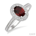 7X5 MM Oval Shape Garnet and 1/50 Ctw Round Cut Diamond Semi-Precious Ring in Sterling Silver