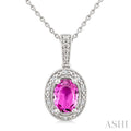 7X5 MM Oval Shape Lab-Created Pink Sapphire and 1/50 Ctw Round Cut Diamond Precious Pendant With Chain in Sterling Silver