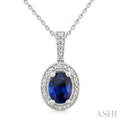 7X5 MM Oval Shape Lab-Created Sapphire and 1/50 Ctw Round Cut Diamond Precious Pendant With Chain in Sterling Silver