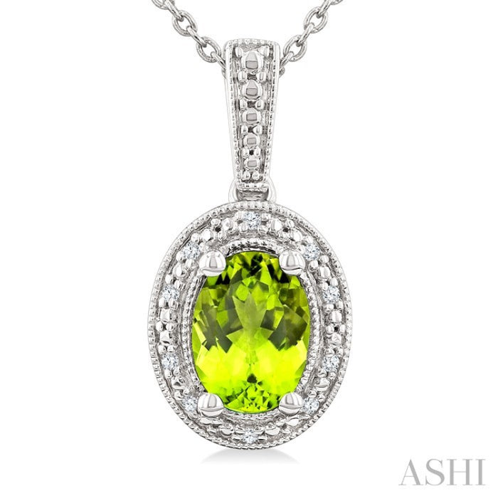 7X5 MM Oval Shape Peridot and 1/50 Ctw Round Cut Diamond Semi-Precious Pendant With Chain in Sterling Silver