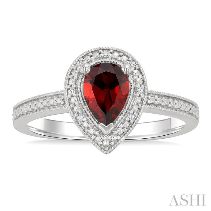 7X5 MM Pear Shape Garnet and 1/50 Ctw Round Cut Diamond Semi-Precious Ring in Sterling Silver