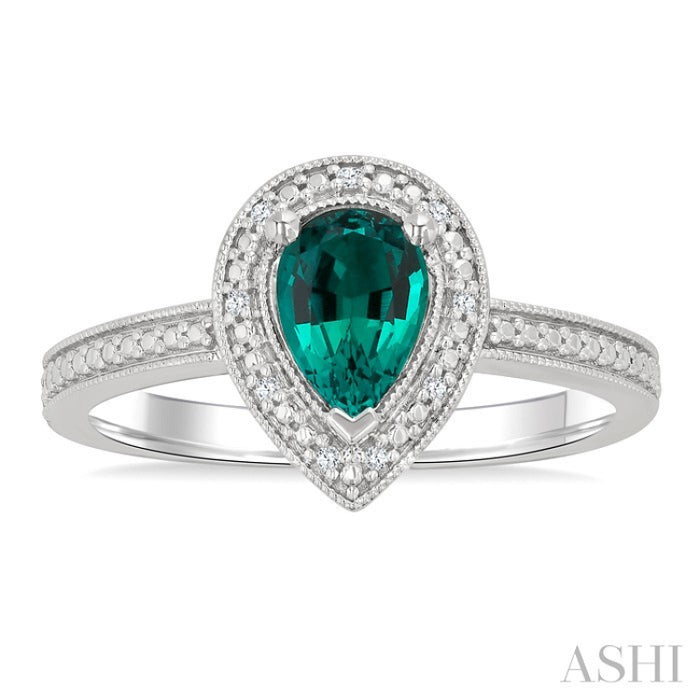 7X5 MM Pear Shape Lab-Created Emerald and 1/50 Ctw Round Cut Diamond Precious Ring in Sterling Silver
