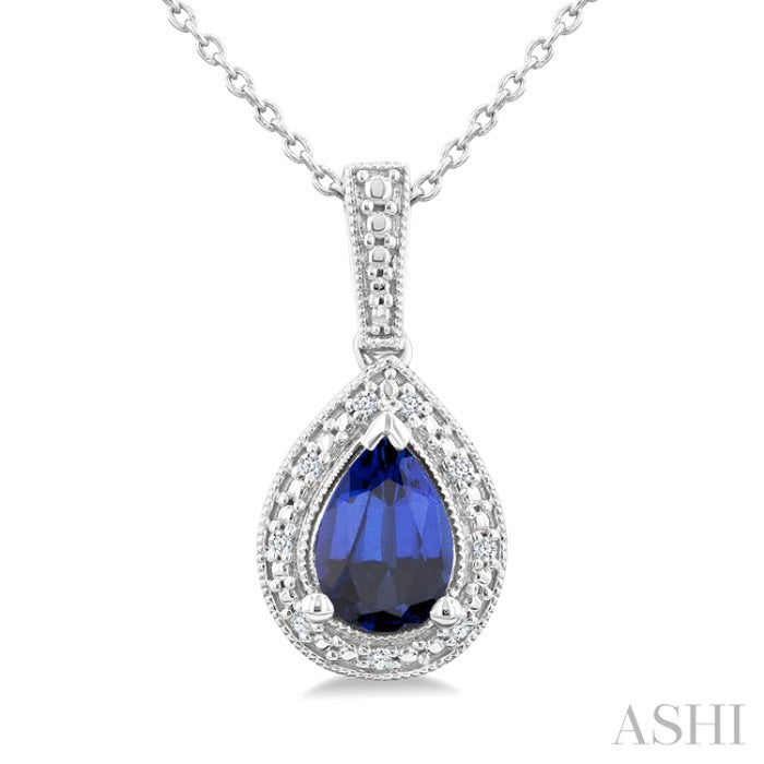 7X5 MM Pear Shape Lab-Created Sapphire and 1/50 Ctw Round Cut Diamond Precious Pendant With Chain in Sterling Silver