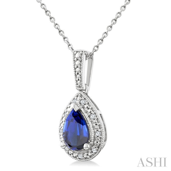 7X5 MM Pear Shape Lab-Created Sapphire and 1/50 Ctw Round Cut Diamond Precious Pendant With Chain in Sterling Silver