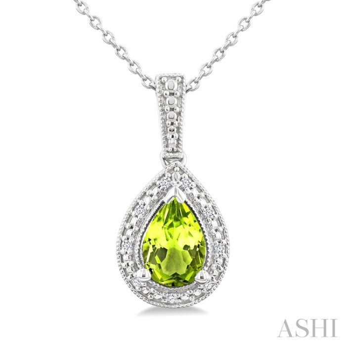 7X5 MM Pear Shape Peridot and 1/50 Ctw Round Cut Diamond Semi-Precious Pendant With Chain in Sterling Silver