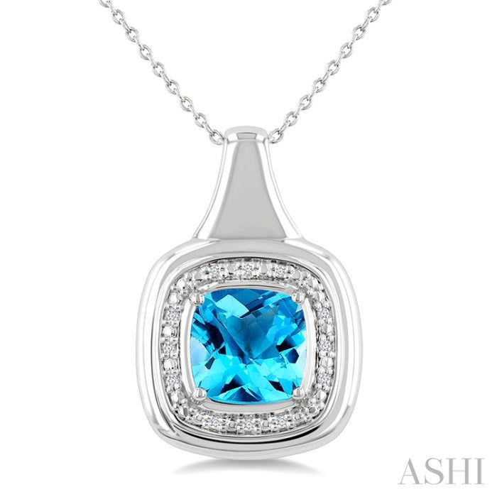 8 MM Cushion Shape Blue Topaz and 1/20 Ctw Round Cut Diamond Semi-Precious Pendant With Chain in Sterling Silver