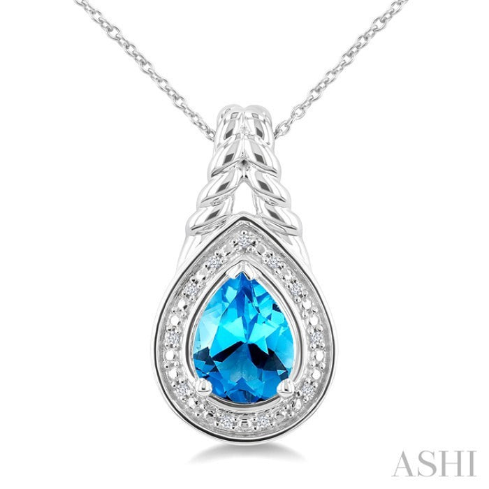 9X6MM Pear Cut Blue Topaz and 1/20 Ctw Round Cut Diamond Semi-Precious Pendant With Chain in Sterling Silver