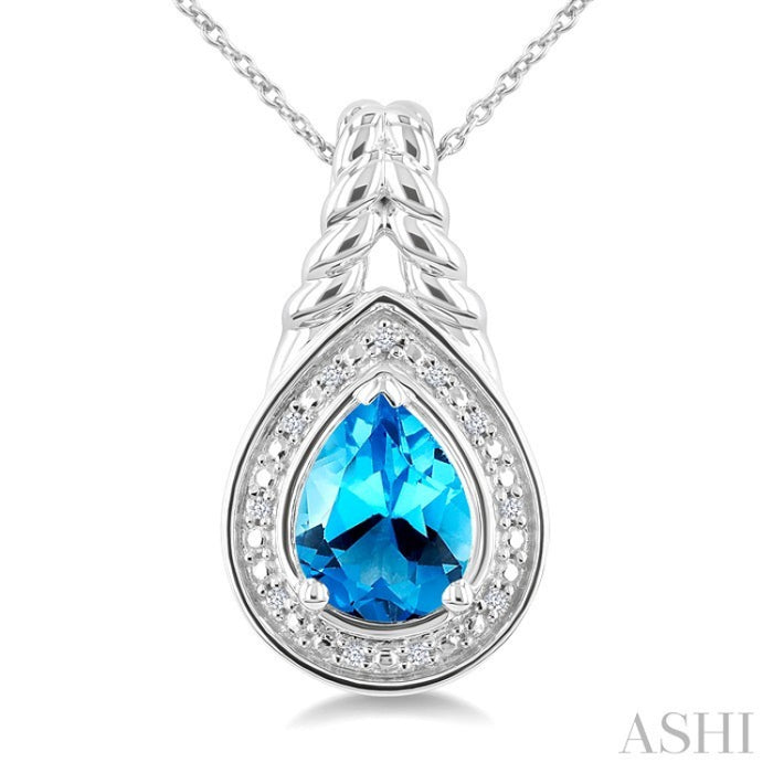9X6MM Pear Cut Blue Topaz and 1/20 Ctw Round Cut Diamond Semi-Precious Pendant With Chain in Sterling Silver