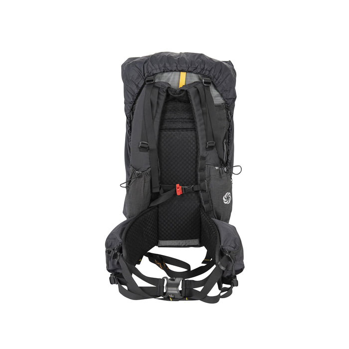 Black Shower Cap on a backpack showing how it fits over the pack and the straps are still accessible