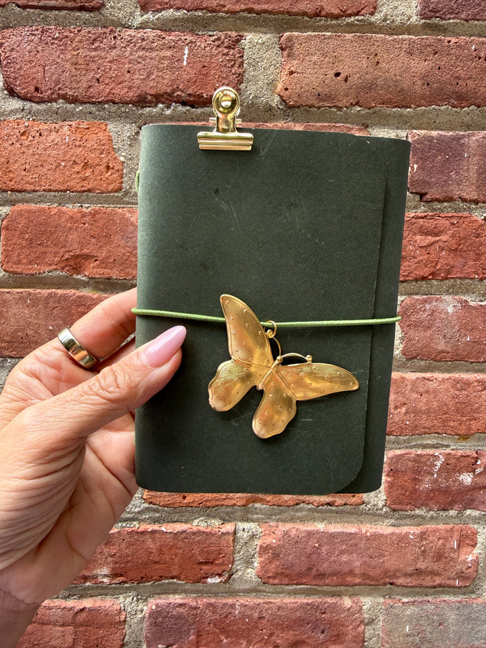 Chelsea Notes Passport Leather Journal Color Green with XL Butterfly Charm