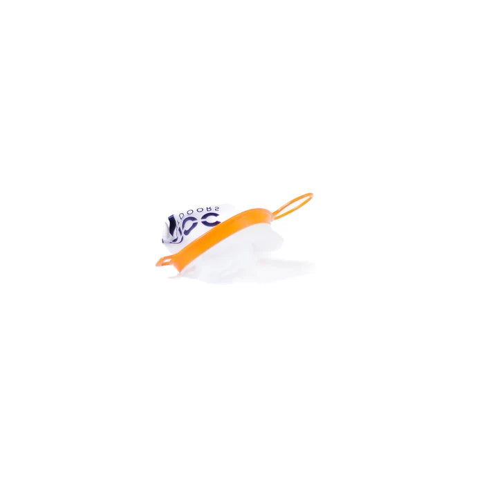 A Cnoc Outdoors CURN cup with an orange rim flattened and collapsed on a white background, demonstrating how compactly it folds down for storage.