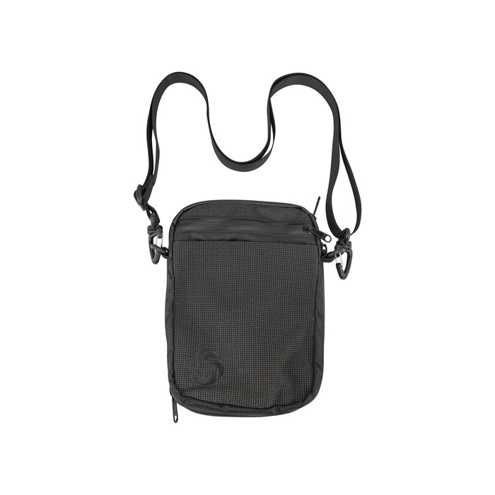Black crossbody Passport Pouch with a strap on a white background