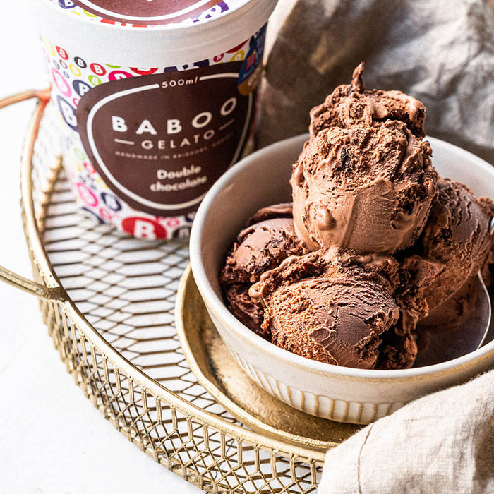 Double chocolate gelato in a bowl in a tray