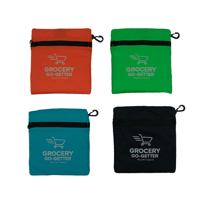 Four Grocery Go Getters in their stored state showing each offered color.  Orange, Green, Blue, Black