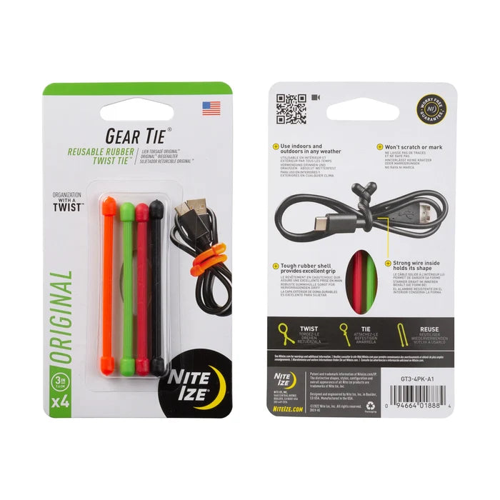 Gear Tie 3-inch assorted 4-pack