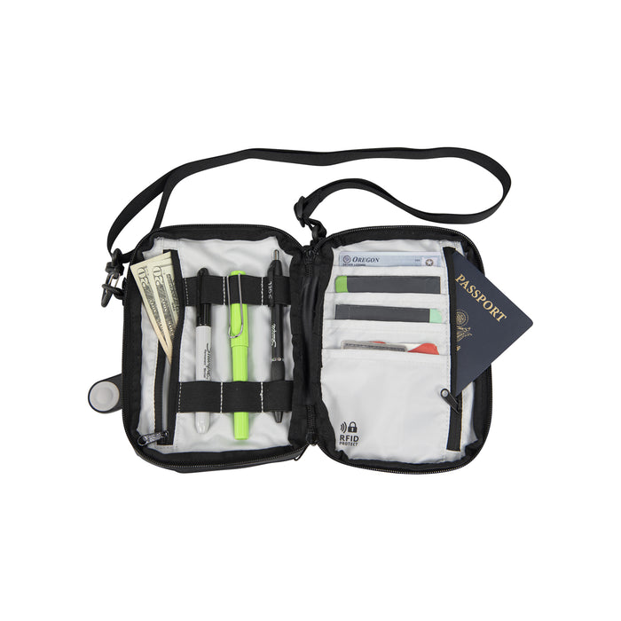 Black crossbody Passport Pouch open showing cash inside a pocket and a few pens some credit cards and a passport in another zippered pocket.  With a strap on a white background