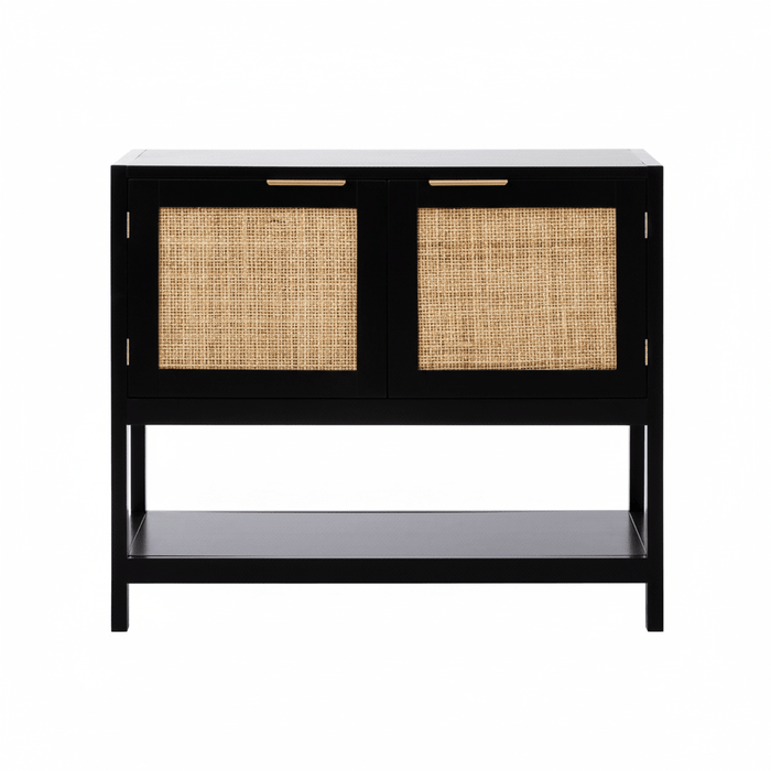 Sherman Black Wood and Rattan Two Door Side Cabinet