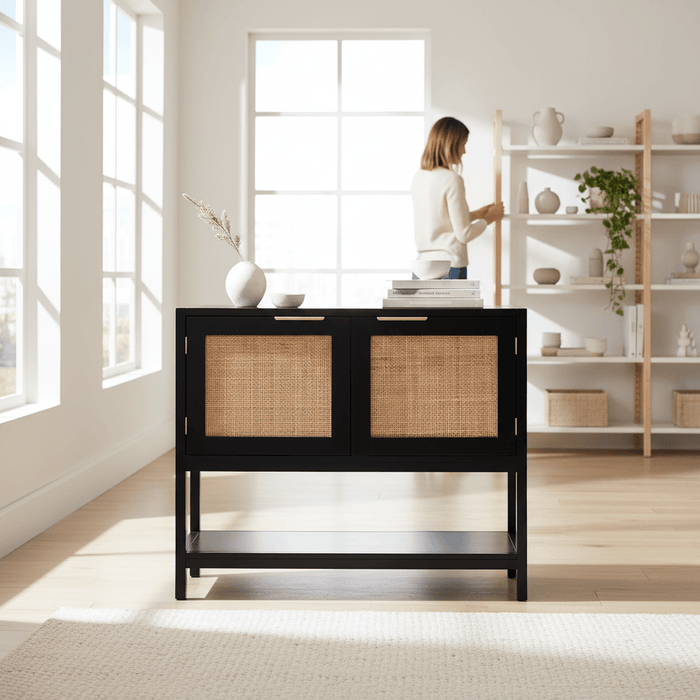 Sherman Black Wood and Rattan Two Door Side Cabinet