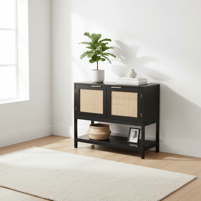 Sherman Black Wood and Rattan Two Door Side Cabinet