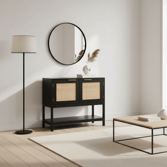 Sherman Black Wood and Rattan Two Door Side Cabinet