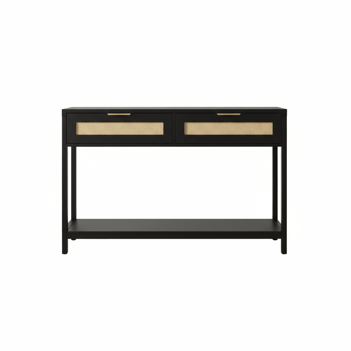 Sherman Black Wood and Rattan Two Drawer Console Table