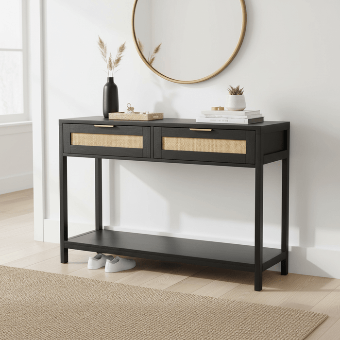 Sherman Black Wood and Rattan Two Drawer Console Table