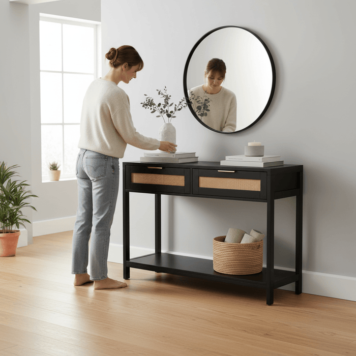 Sherman Black Wood and Rattan Two Drawer Console Table