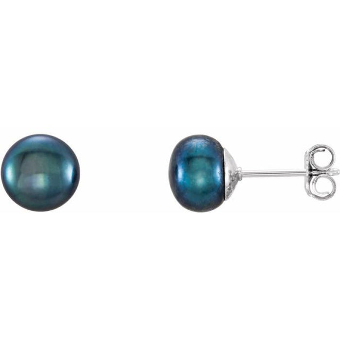 Sterling Silver 7-8 mm Cultured Black Freshwater Button Pearl Earrings