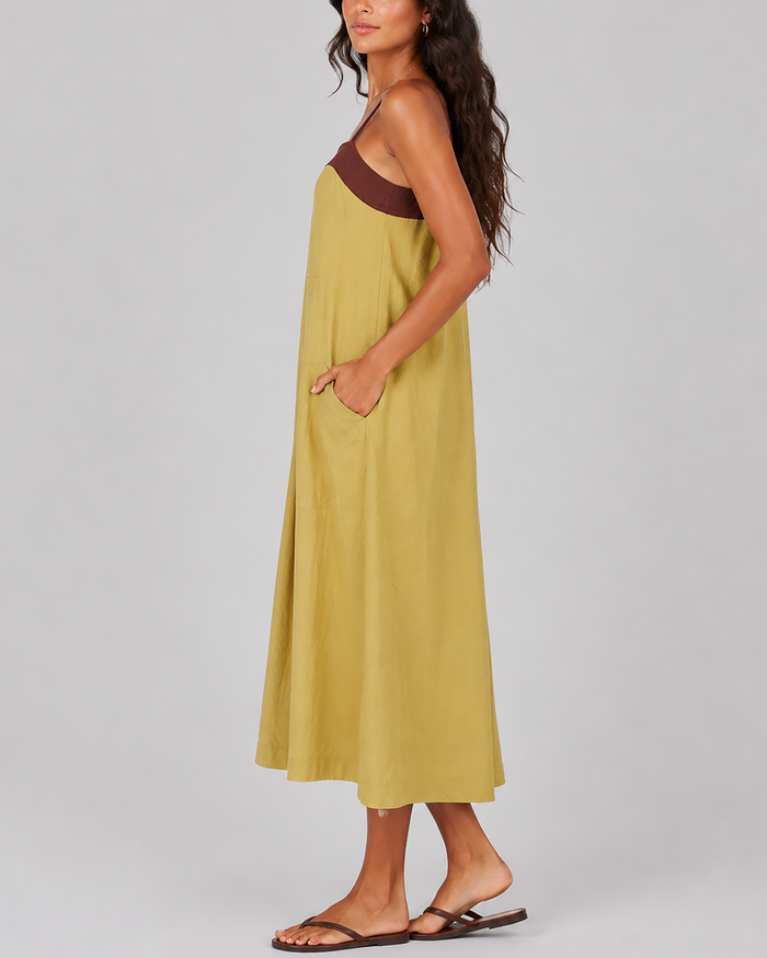 Women's fashion color-blocked loose large pocket spaghetti strap maxi dress