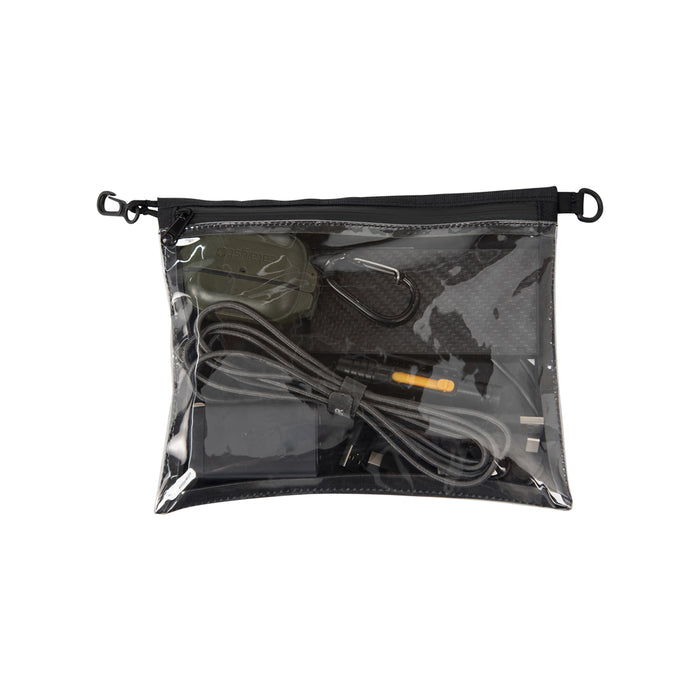 A Large Zip Pouch with a black zipper and clear front material showing the contents containing various items such as a flashlight and cables.