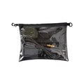A Large Zip Pouch with a black zipper and clear front material showing the contents containing various items such as a flashlight and cables.