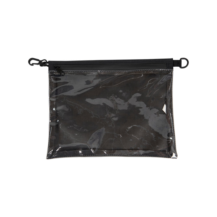 A Large Zip Pouch with a black zipper and clear front material with nothing inside