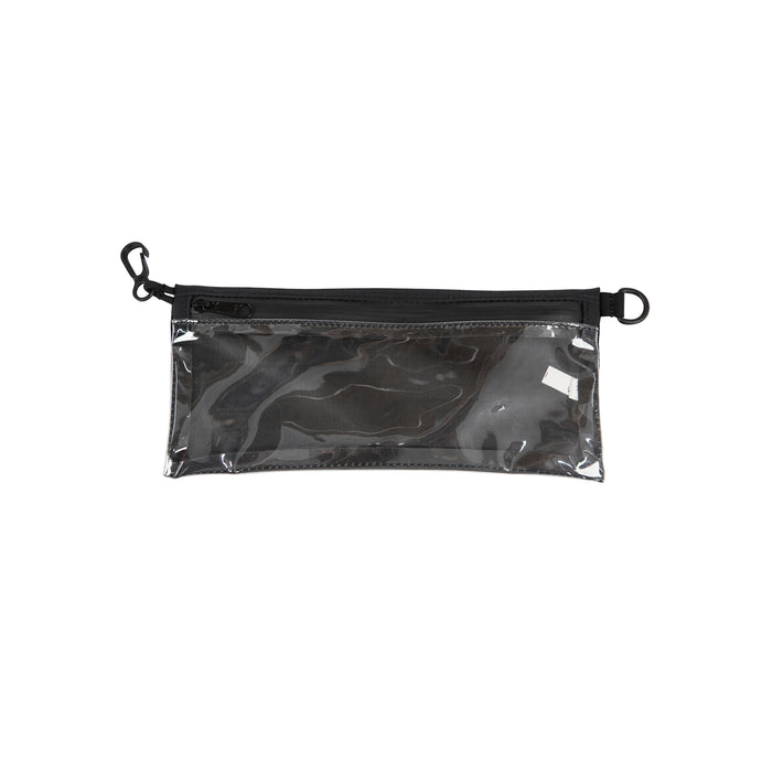 A Small Zip Pouch with a black zipper and clear front material with nothing inside